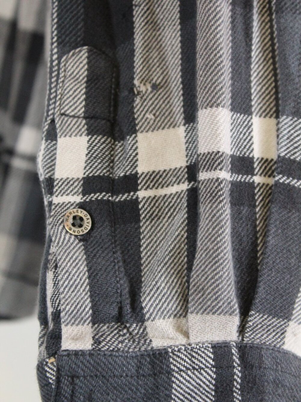 Harley-Davidson Plaid Flannel Shirt L Black White‎ Logo Button Up - Picture 7 of 12